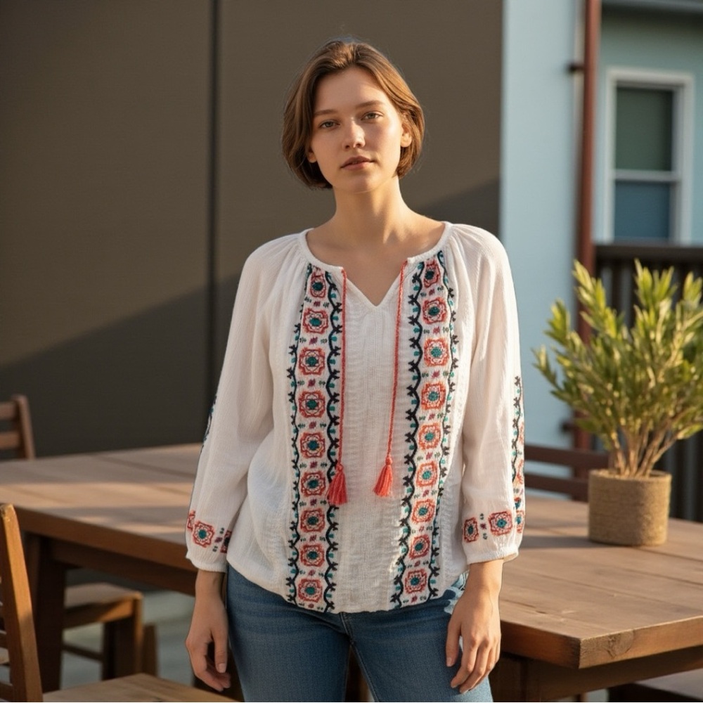 Lucky Brand White Peasant Top with Coral and Teal Embroidery